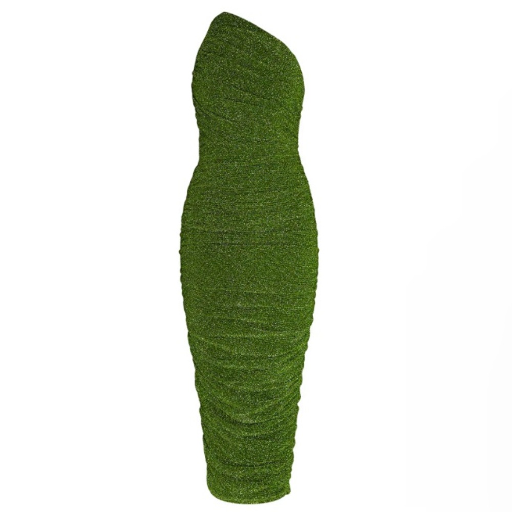 Green Glitter Plisse Ruched One Shoulder Midi Dress